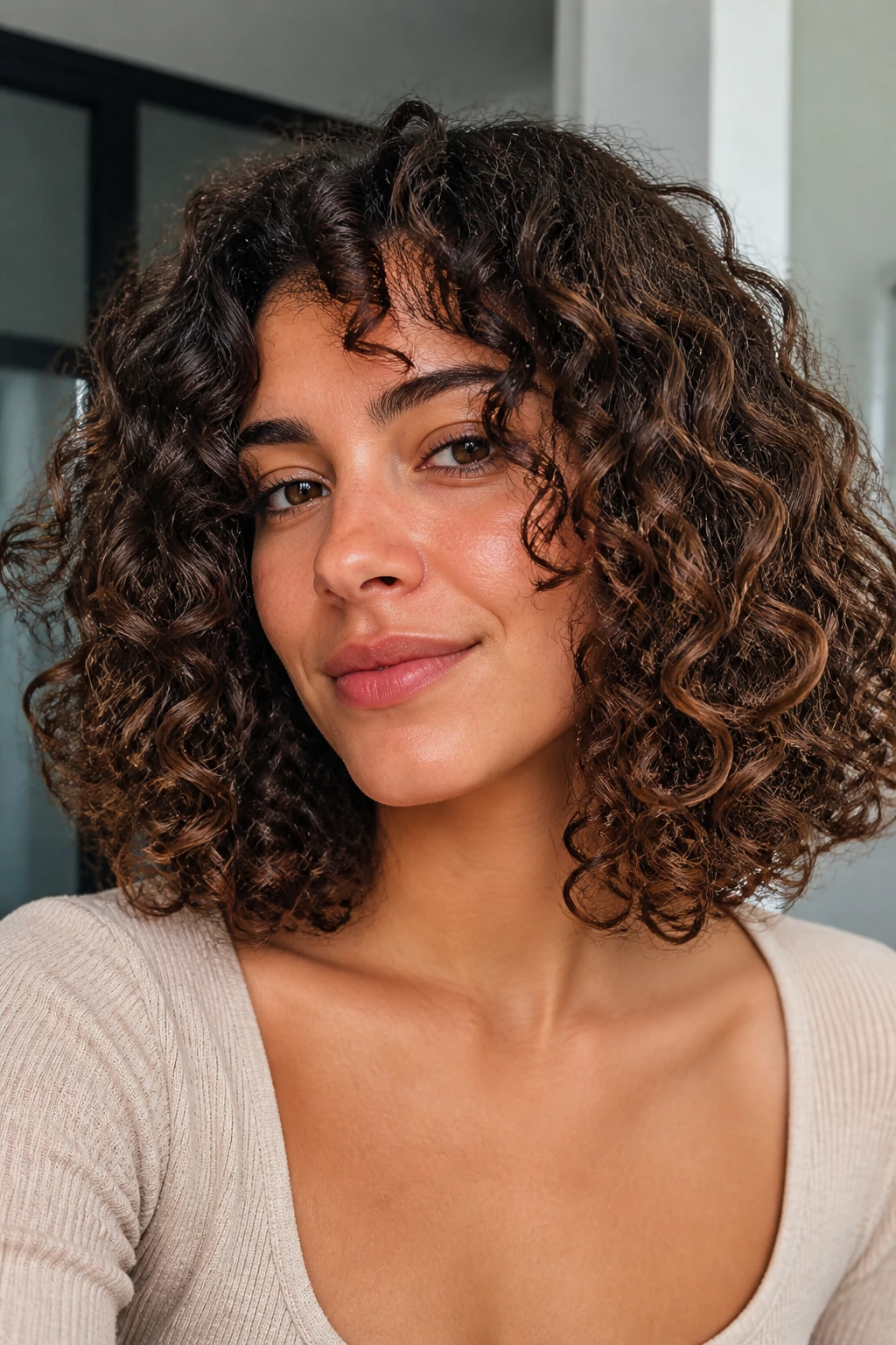 Woman with polished spiral lob in a bright modern interior
