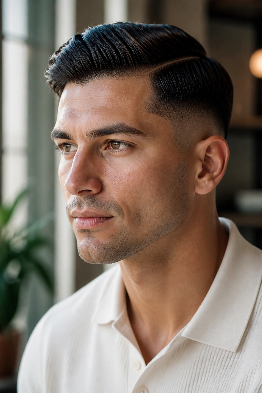Portrait of a person with a polished tapered hairstyle