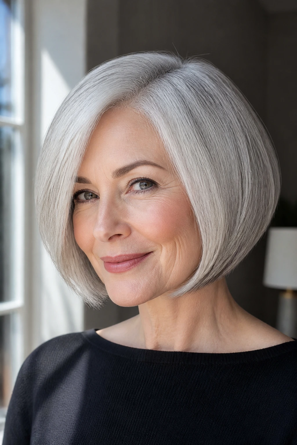 Close-up of a real woman with a polished tapered bob in silver-gray tones.