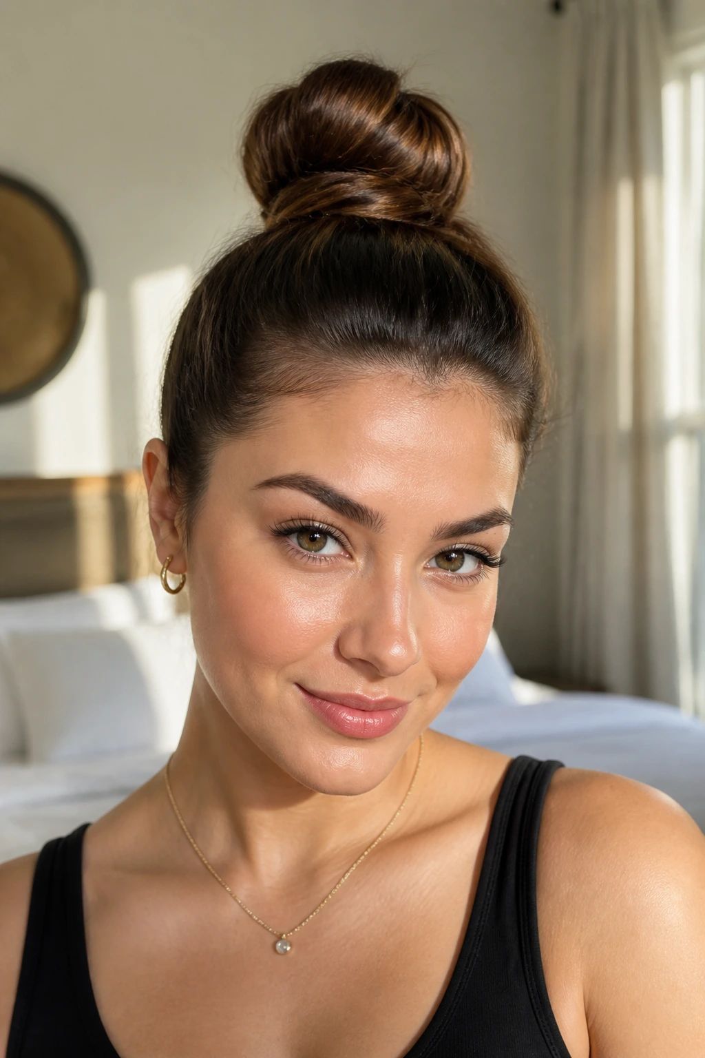 Close-up of a real woman with a polished top knot at the crown