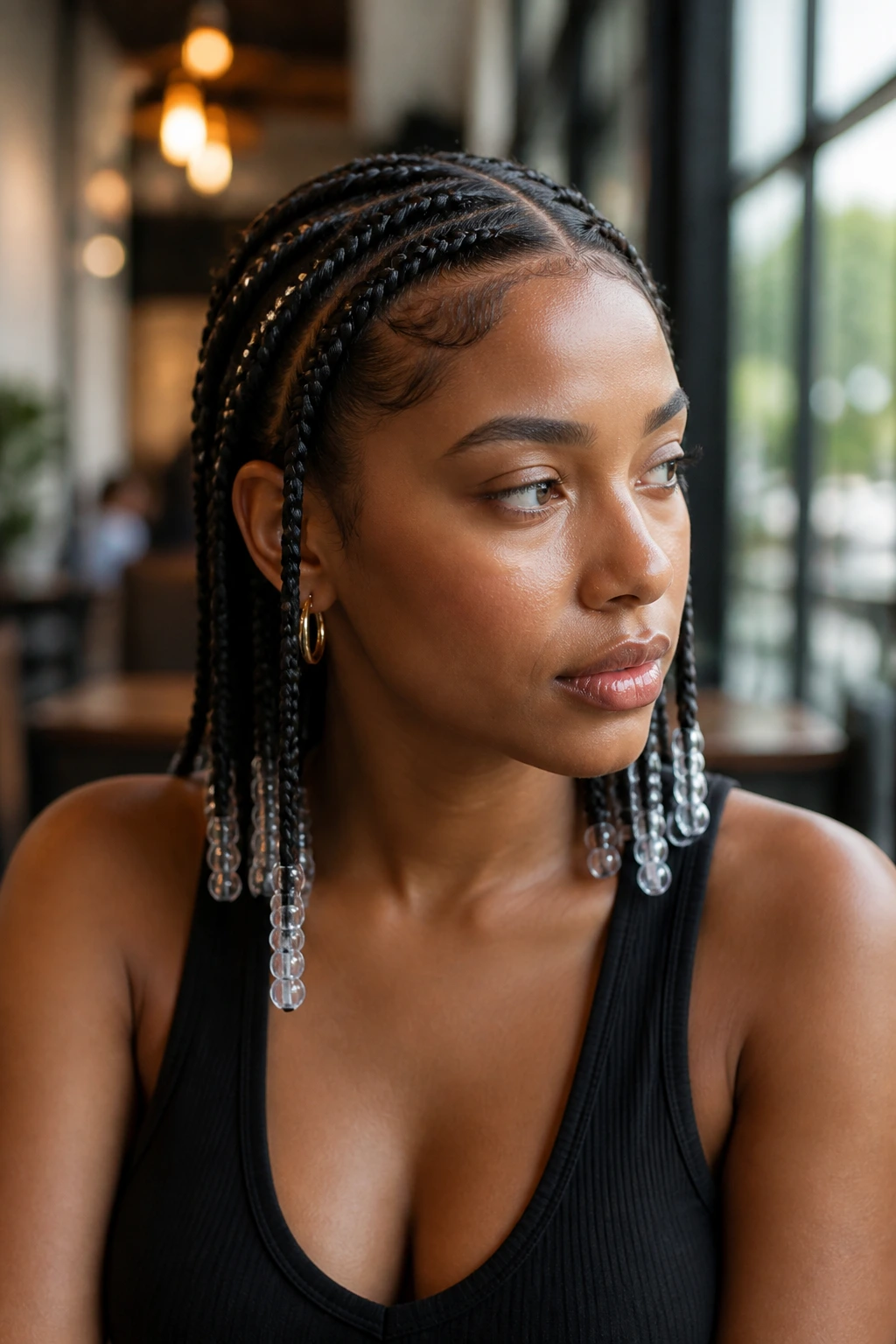 Real person with polished tribal braid and consistent bead styling in daylight at a cafe