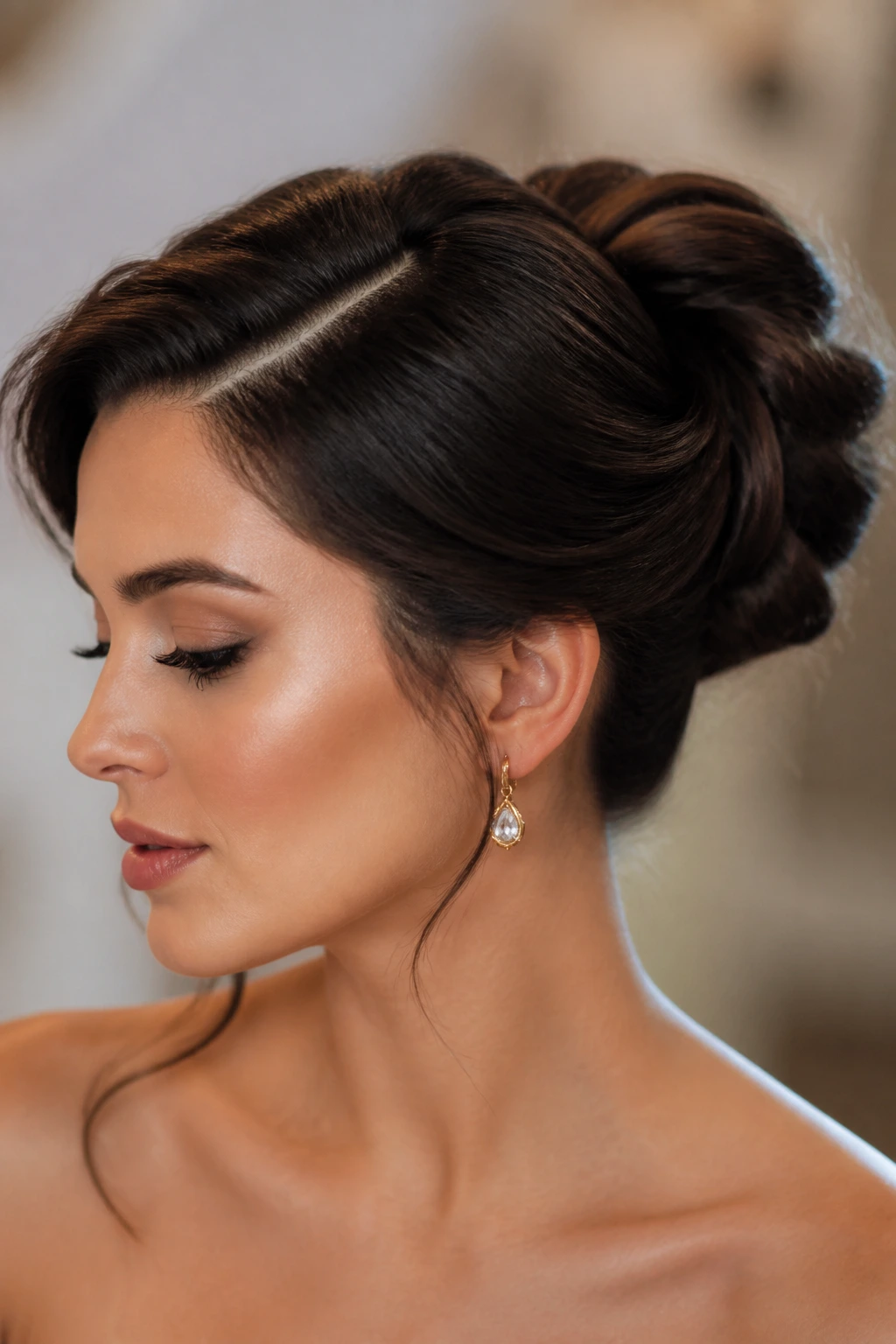 Close-up portrait of a real woman with a polished updo and defined part