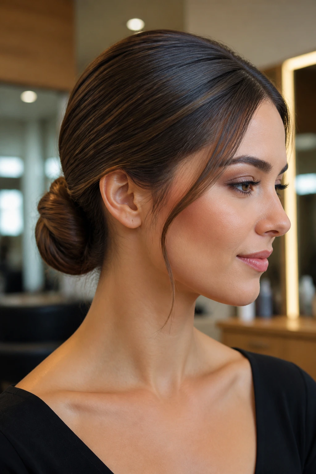 Real woman with a sleek, polished updo in a modern salon setting.