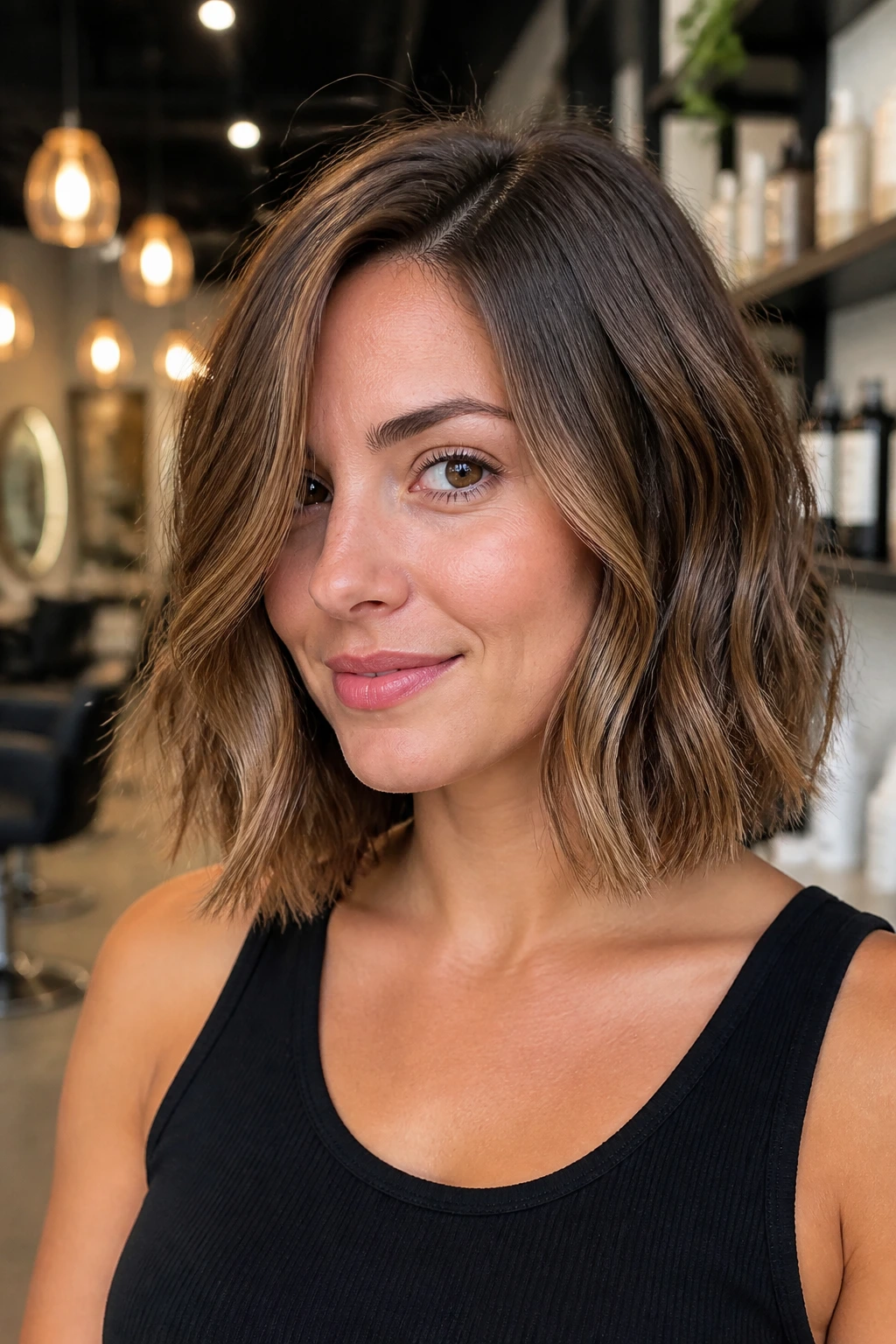 Close-up of a real woman with a polished wave lob at collarbone length in a stylish salon