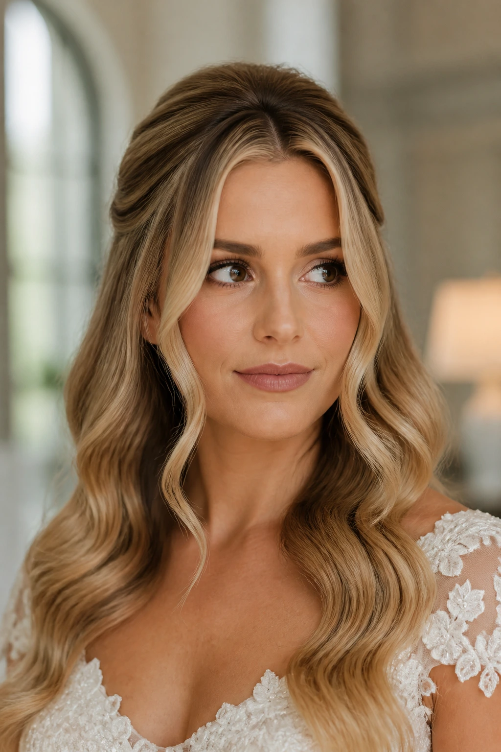 Bride with polished waves and face-framing pieces