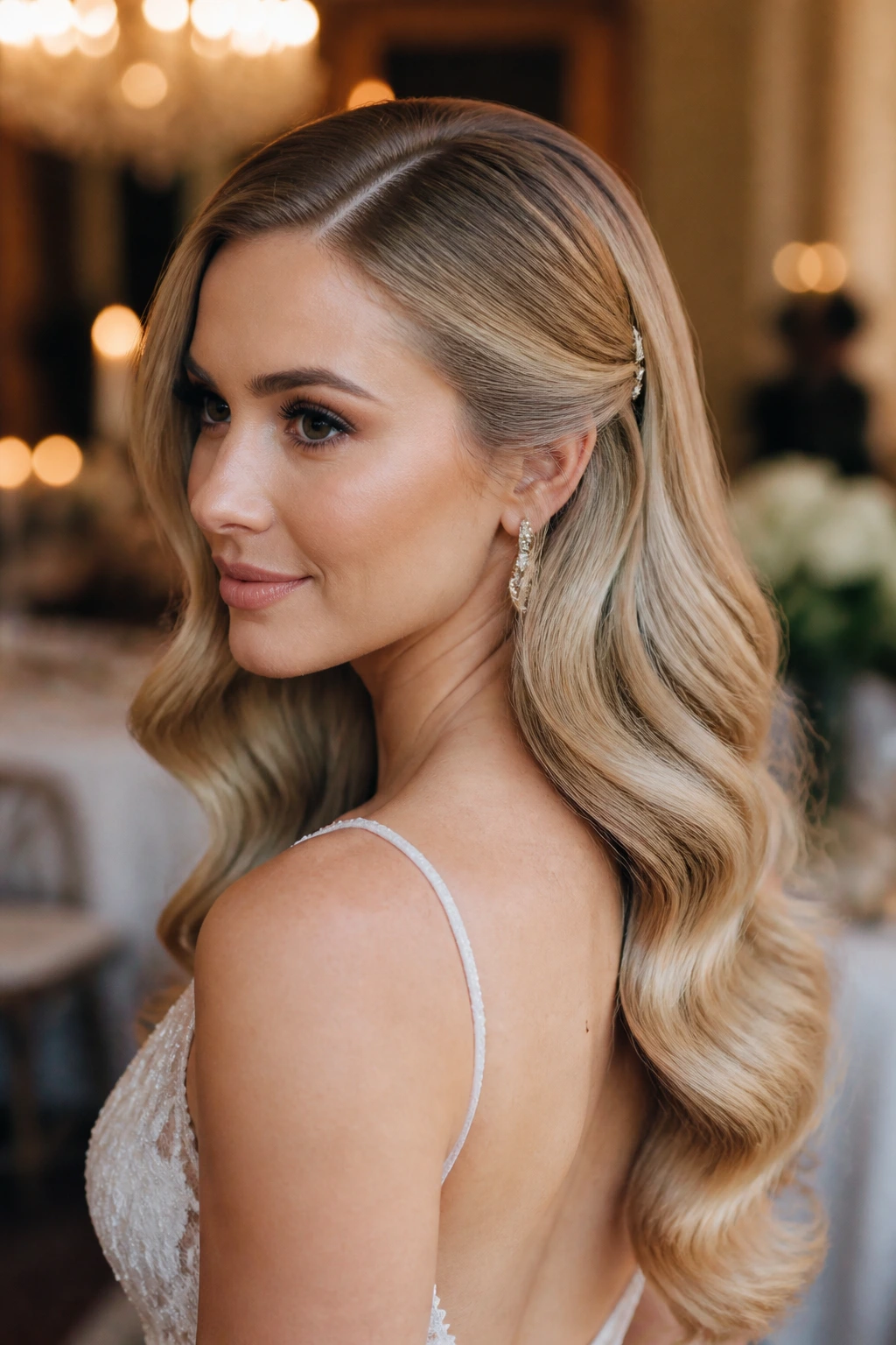 Close-up of a real woman with polished wedding waves and side part