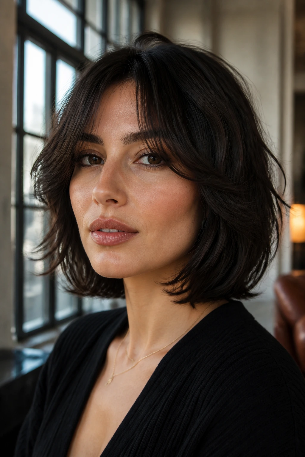 Portrait of a woman with a polished wolf cut and tucked ends