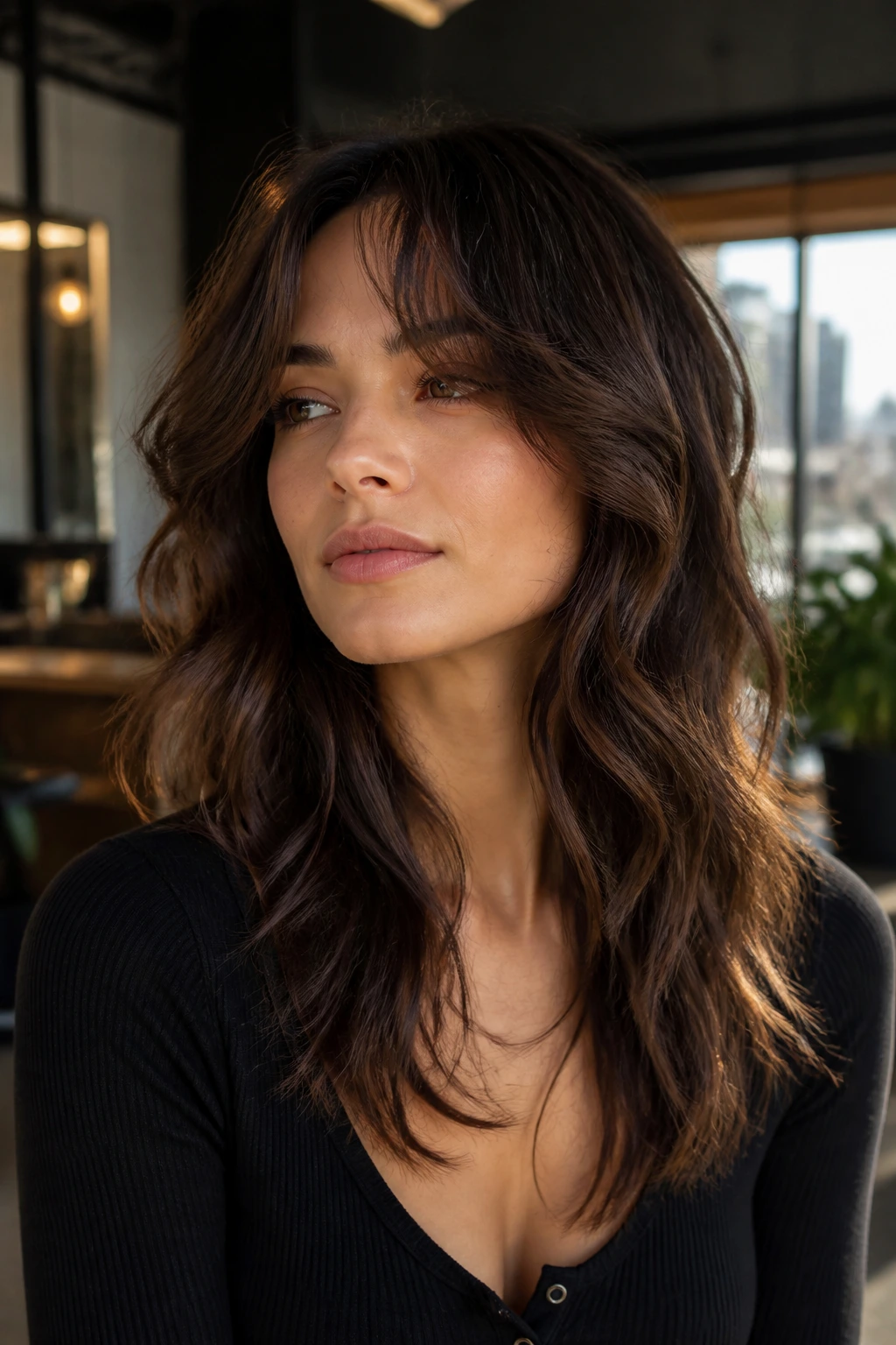 Close-up of a real woman with a Polished Wolf haircut featuring glossy smooth layers and swinging ends
