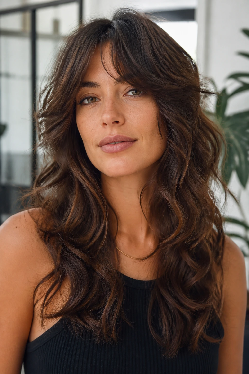 Real woman with a Polished Wolf hairstyle in a bright modern interior.