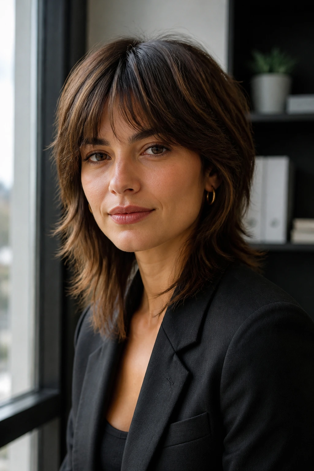 Portrait of a real person with polished wolf haircut suitable for office