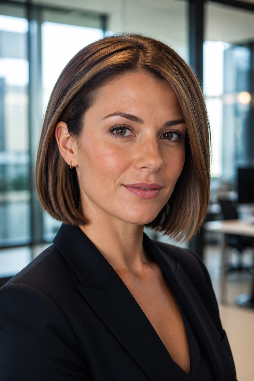 Close-up of a real person with a polished workweek lob in an office setting