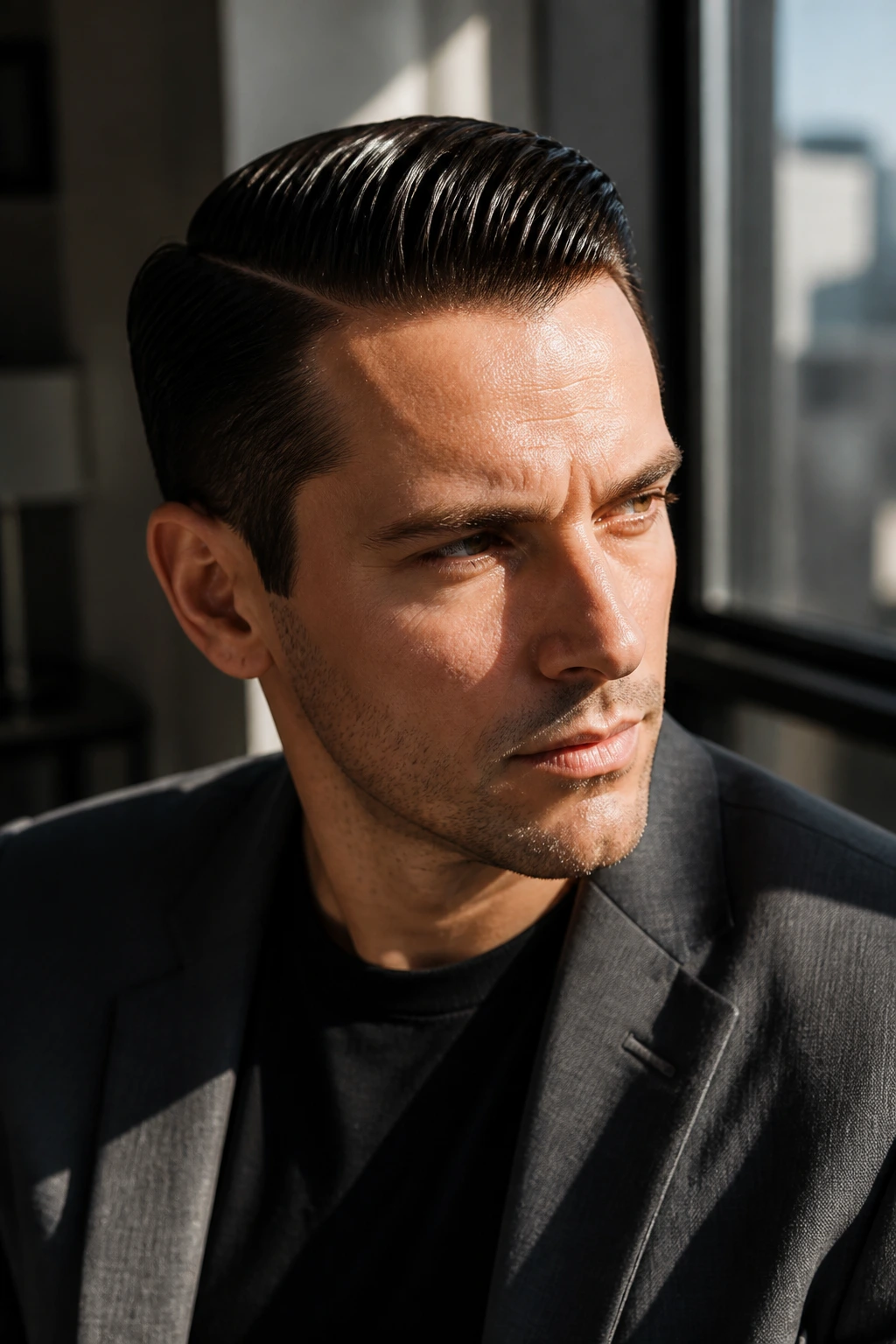 Close-up portrait of a man with a shiny pomade comb over in a blazer.