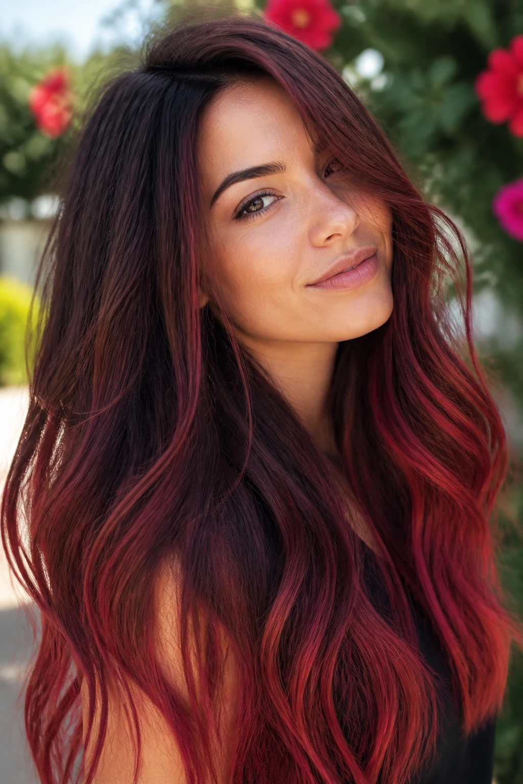 Long hair with deep-rooted ombre ending in pomegranate, sunlit outdoor setting.