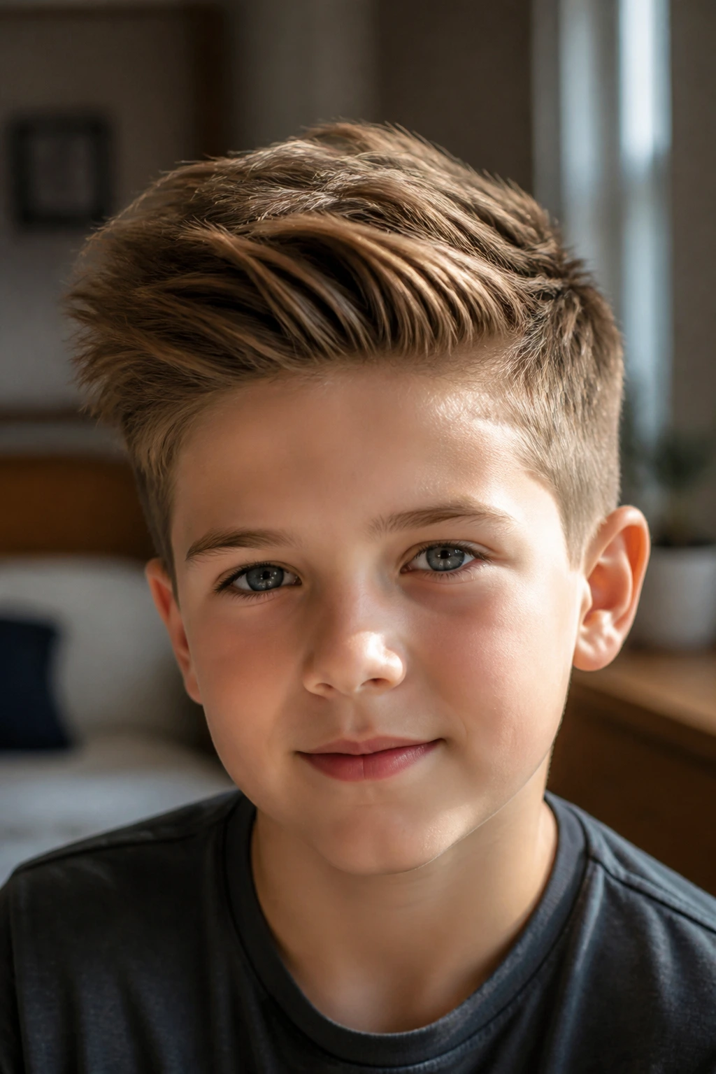 Real boy with side-swept pompadour hairstyle
