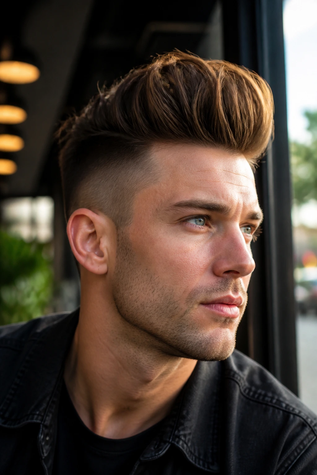 Close-up portrait of pompadour with buzzed temples on a real person