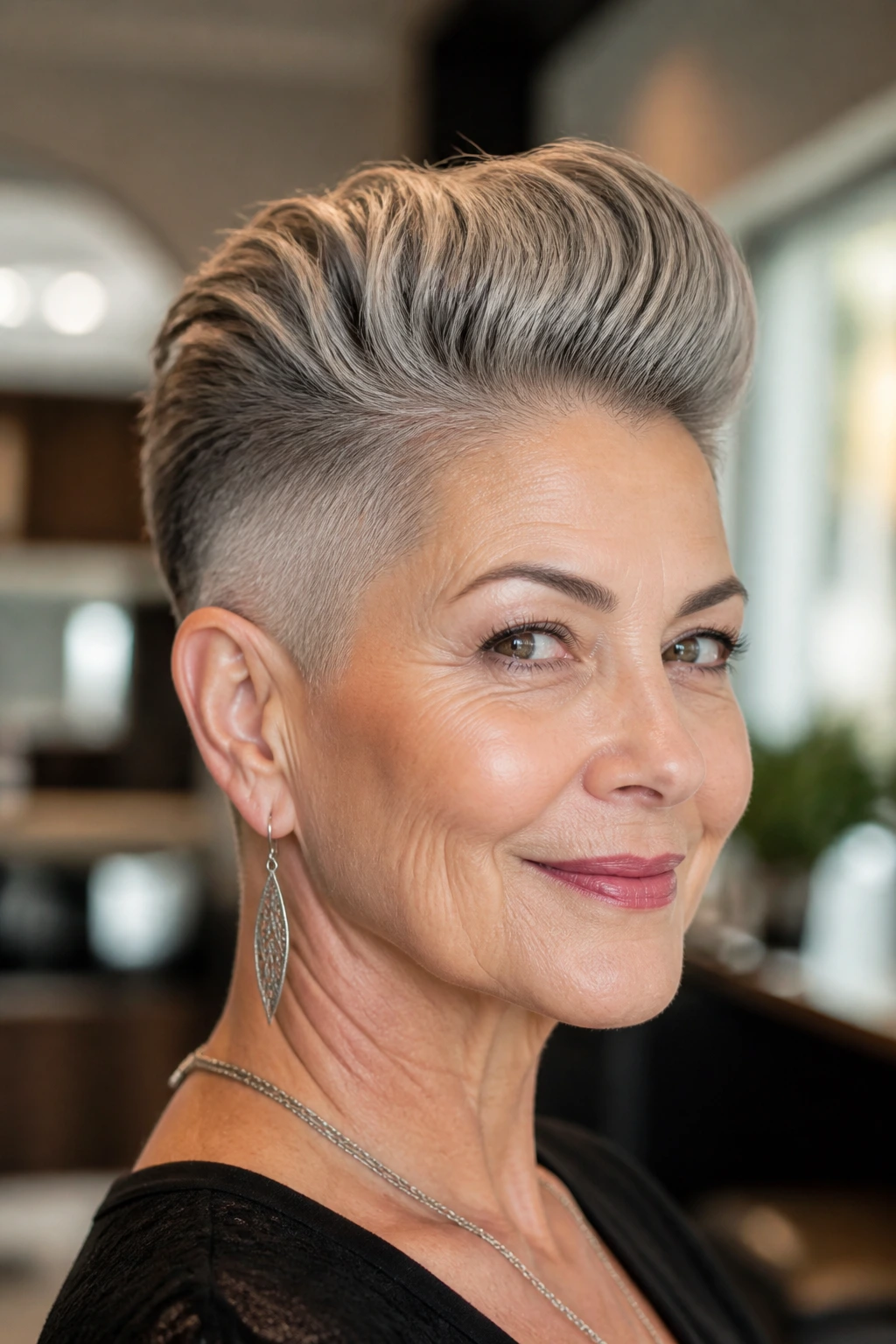 Close-up portrait of a real woman with a slicked-back pompadour crop in a warm salon setting