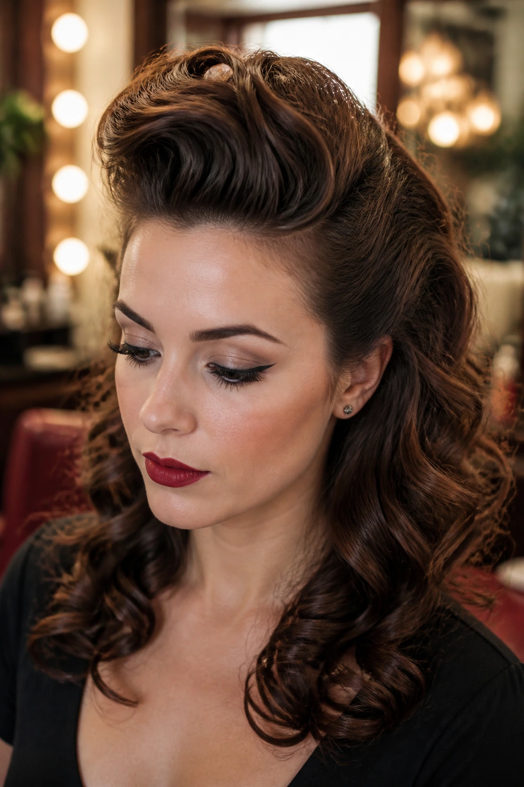 Portrait of a woman with a pompadour crown and loose curls in a retro salon setting.