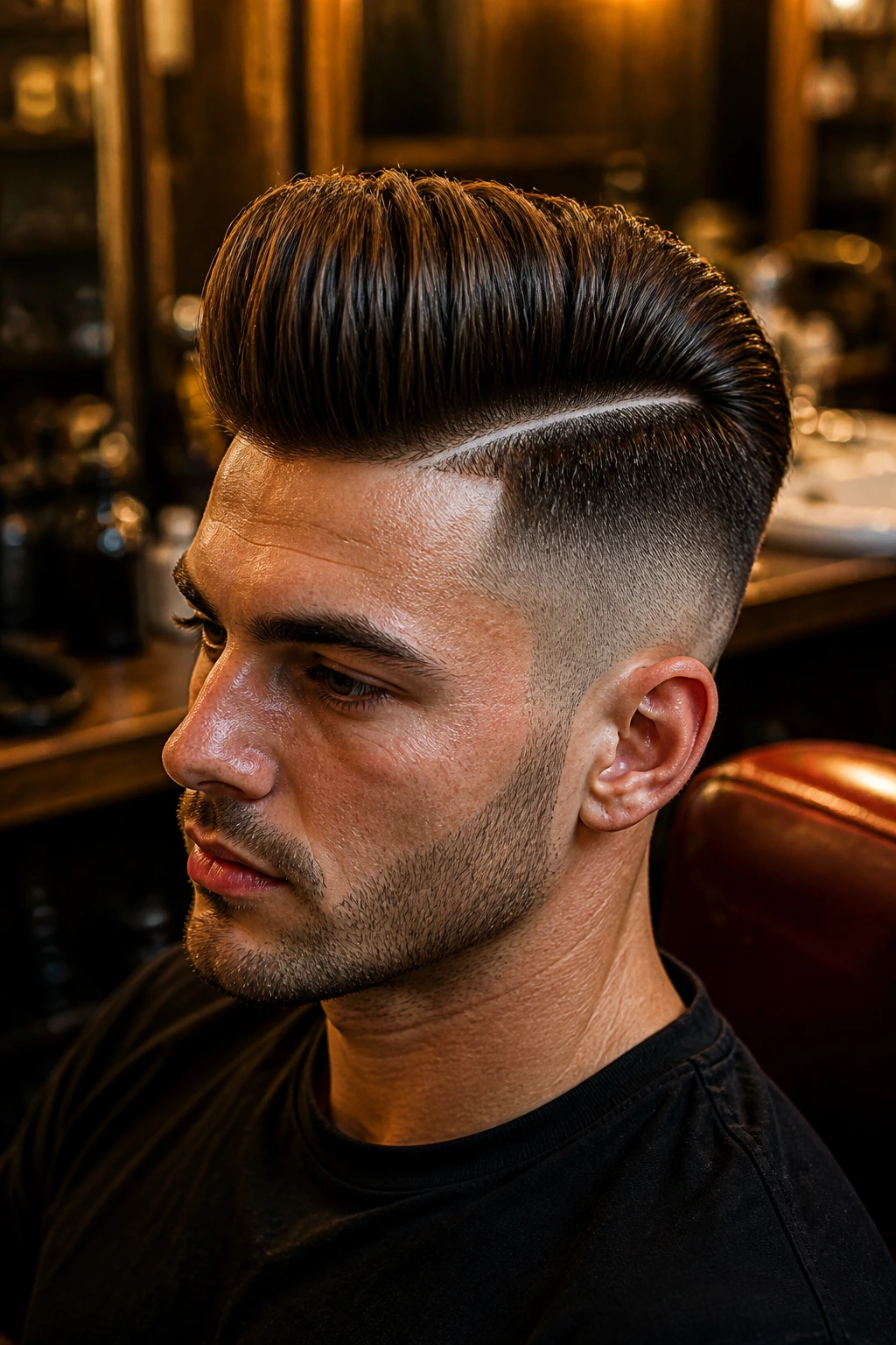 Close-up of a man with a clearly disconnected pomp, top separated from the sides under warm barber-shop lighting