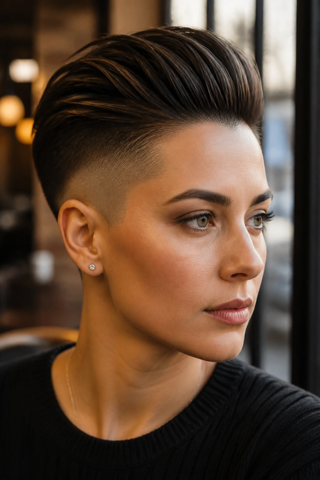 Close-up portrait of a real person with a slicked side fade pompadour in a cafe setting.