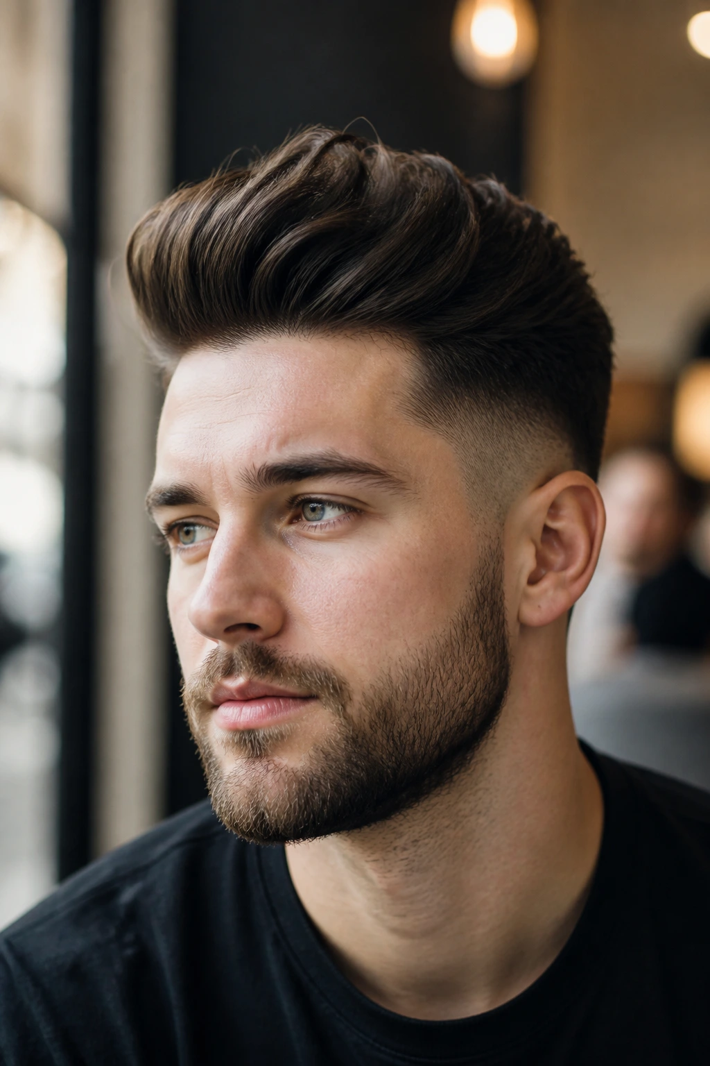 Close-up of a man with pompadour fade and airy volume