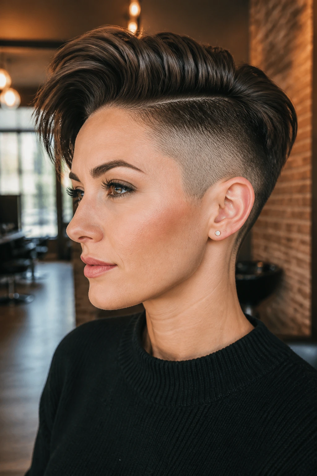 Close-up portrait of a woman with a side-swept pompadour and fade