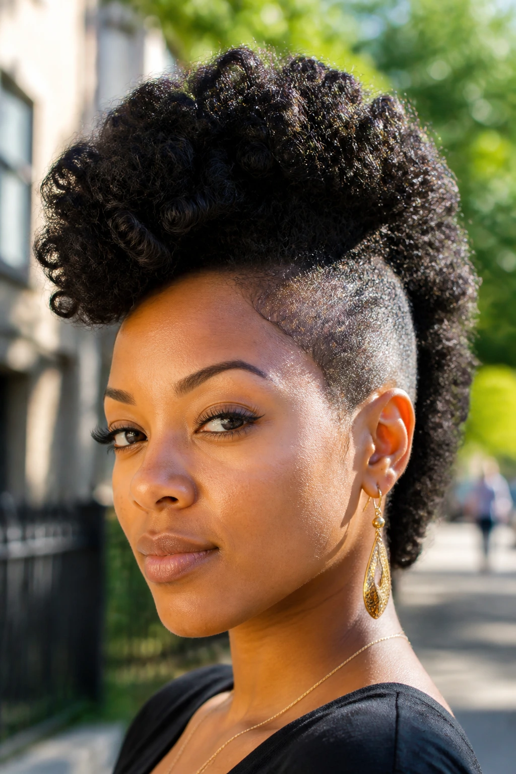 Close-up portrait of a real person with a pompadour frohawk featuring a high front lift and close sides in natural light