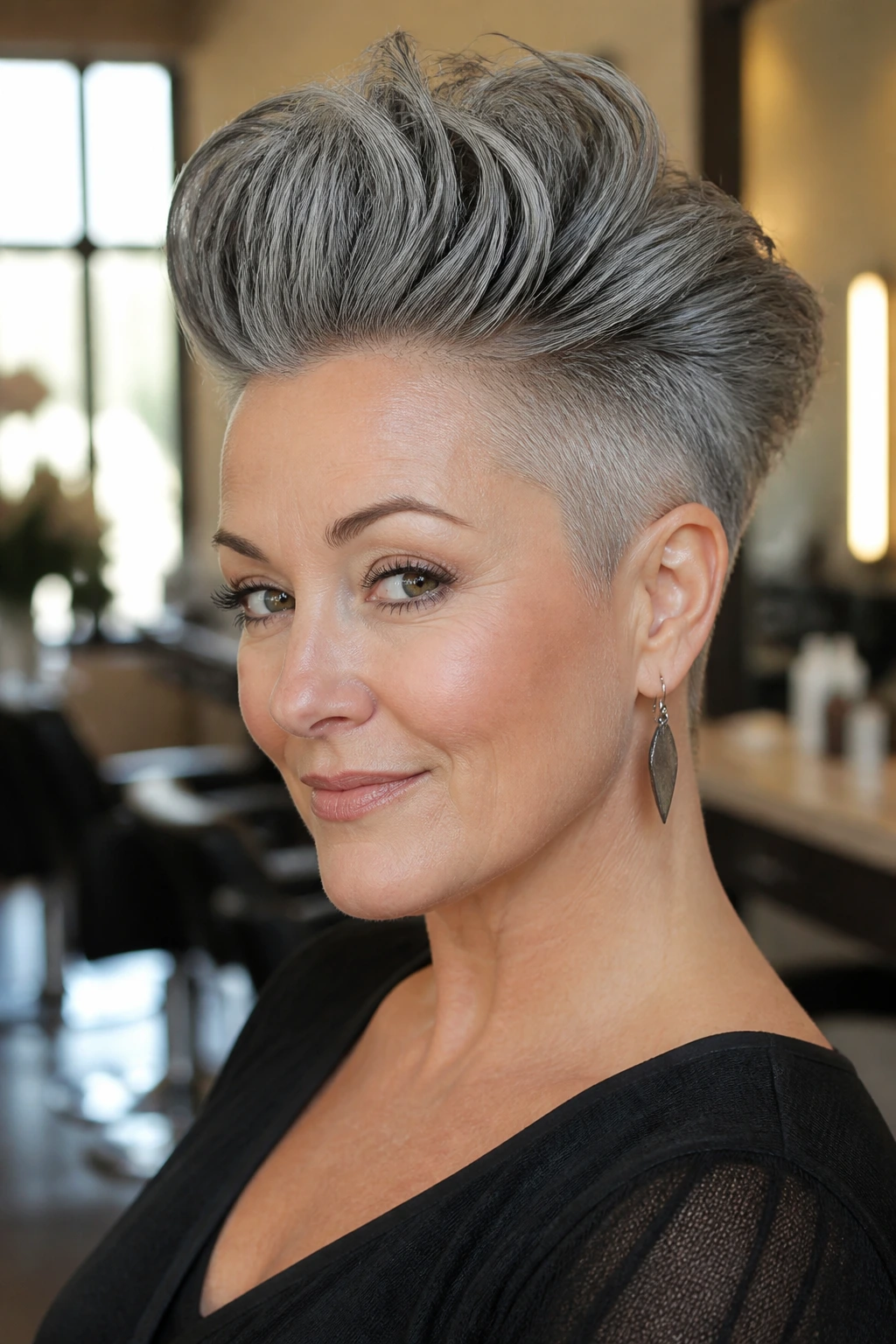 Close-up of a real woman with a pompadour frohawk hairstyle