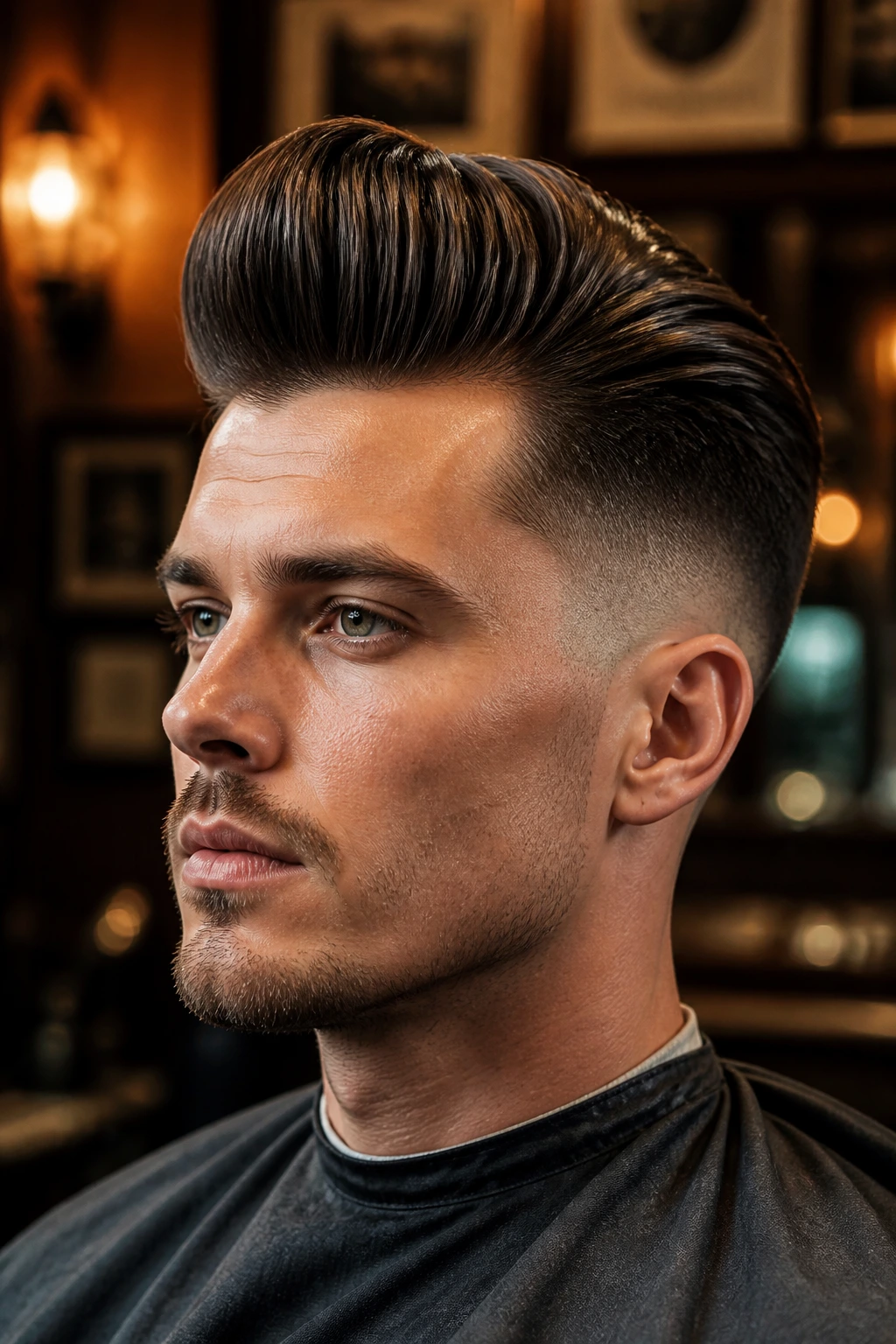Portrait of man with tall pompadour hairstyle