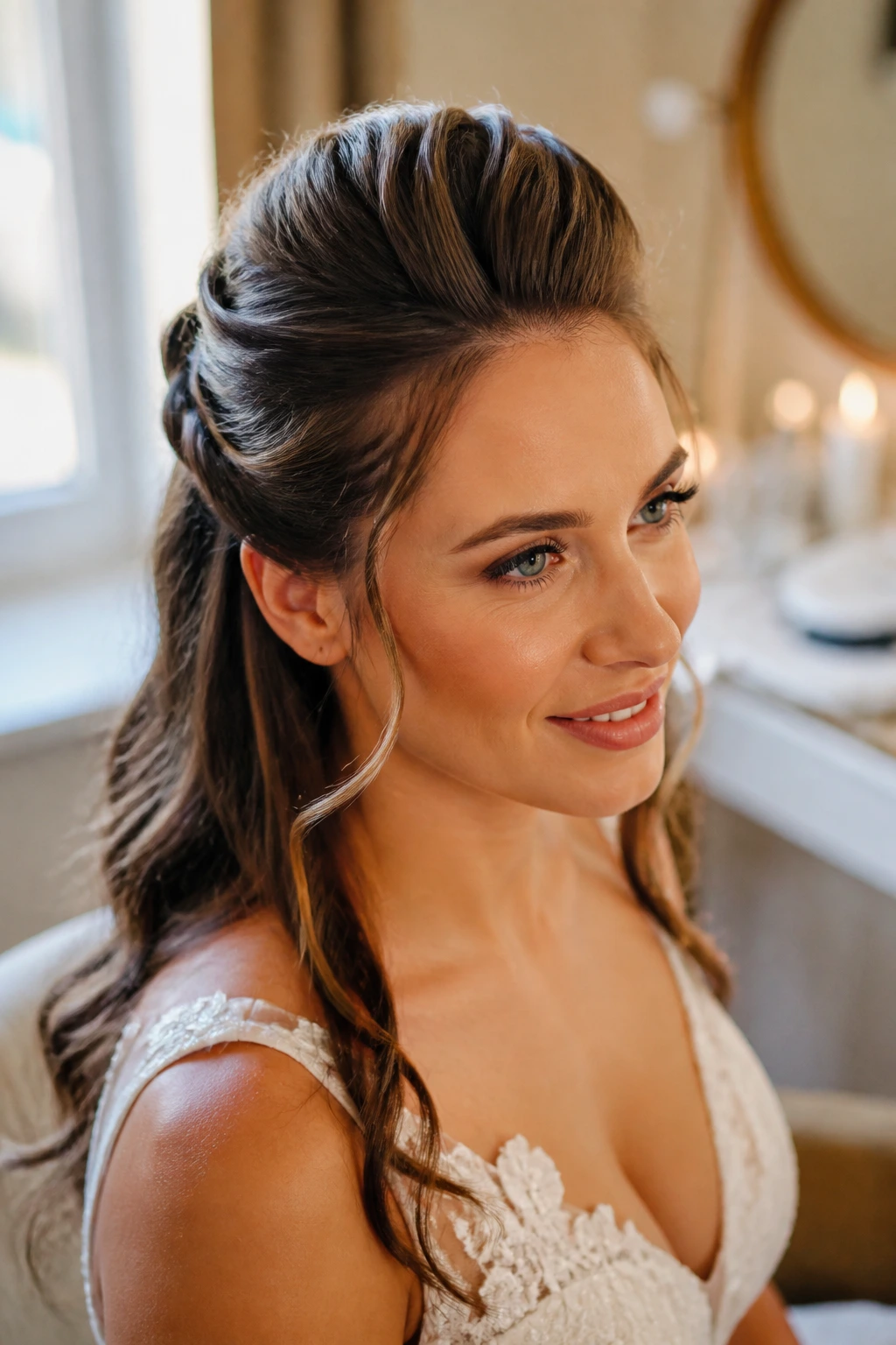 Bride with pompadour half-up hairstyle close-up
