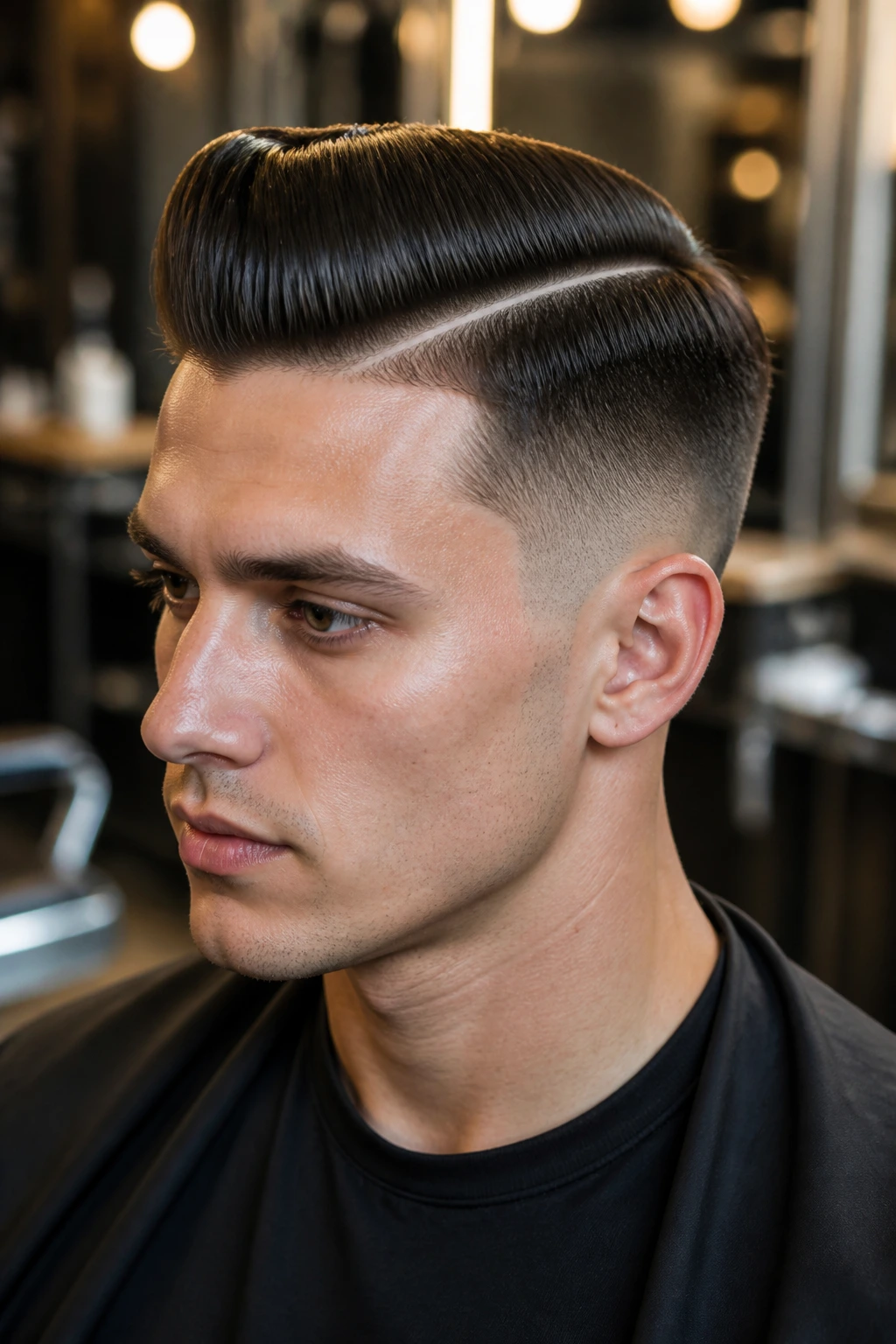 Close-up of a man with a crisp hard-part line in a pompadour, well-defined and precise