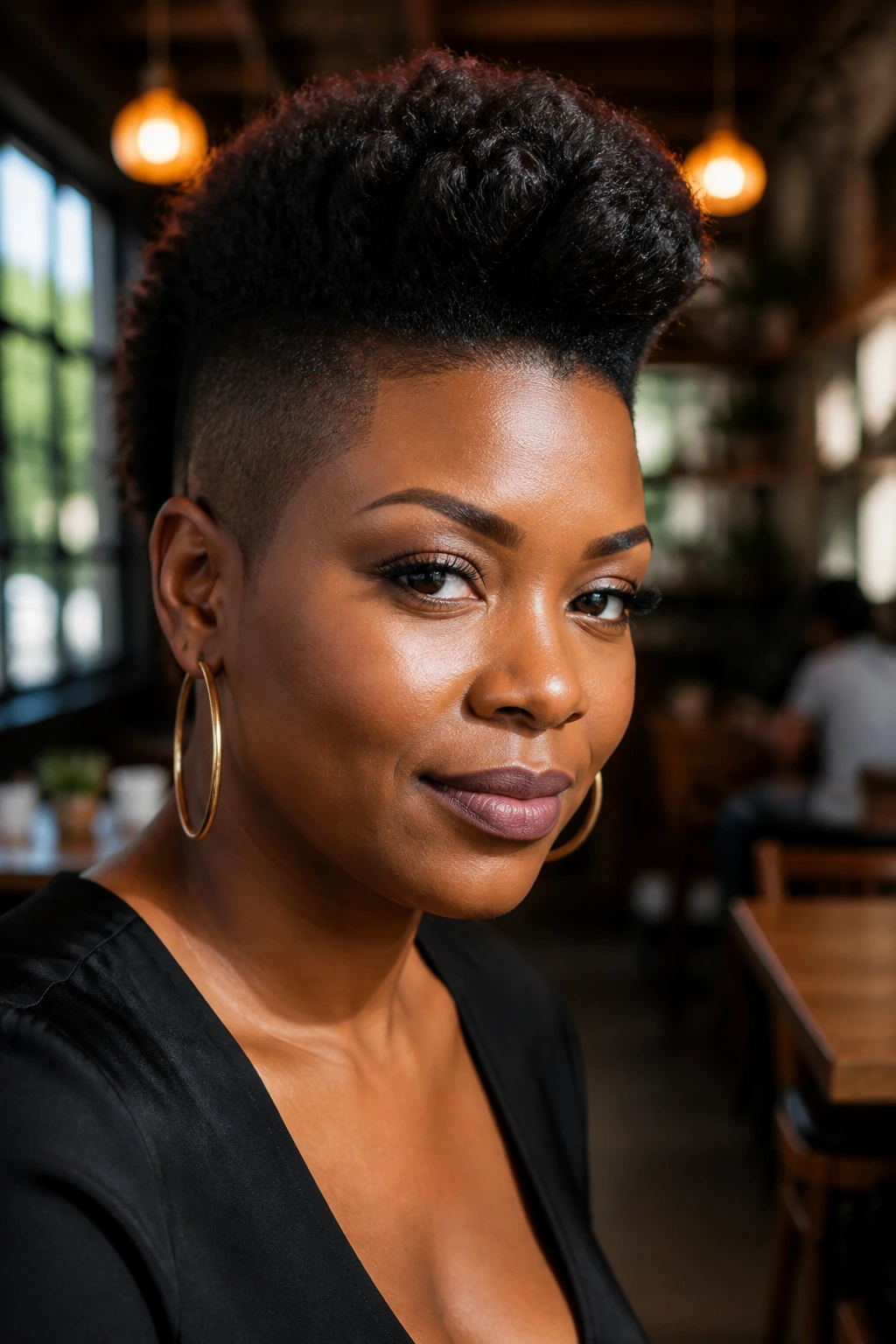 Close-up of a real Black woman with a pompadour hawk, front lifted and sides low.