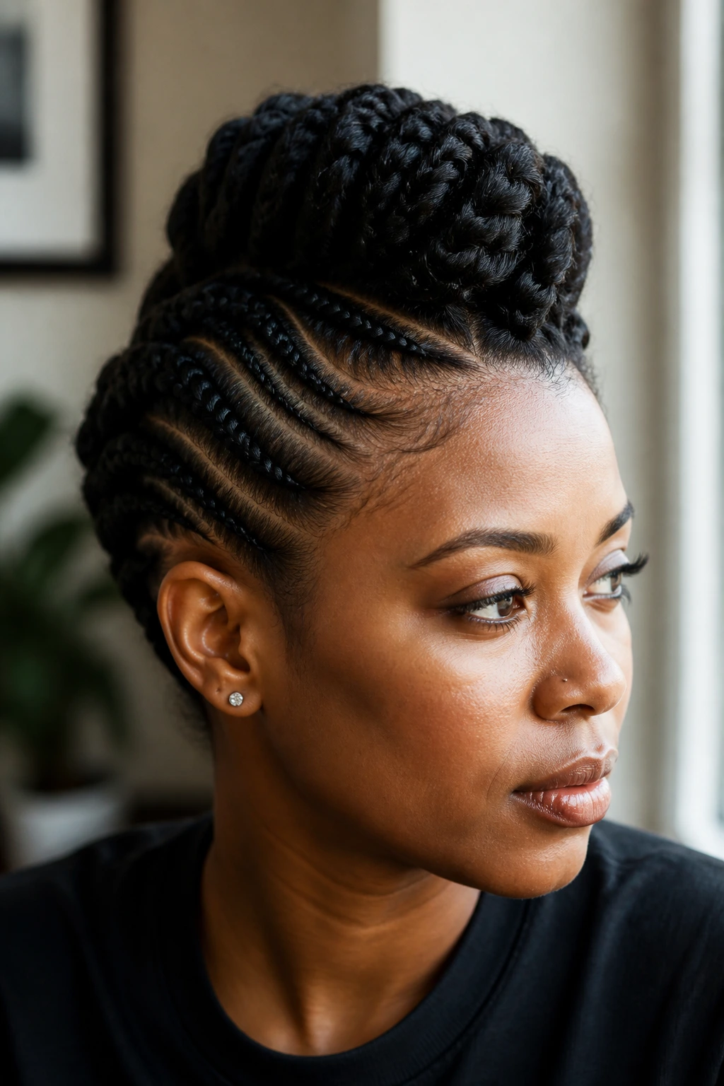 Close-up of a real person with a braided pompadour hawk, high front lift and braided sides in soft window light