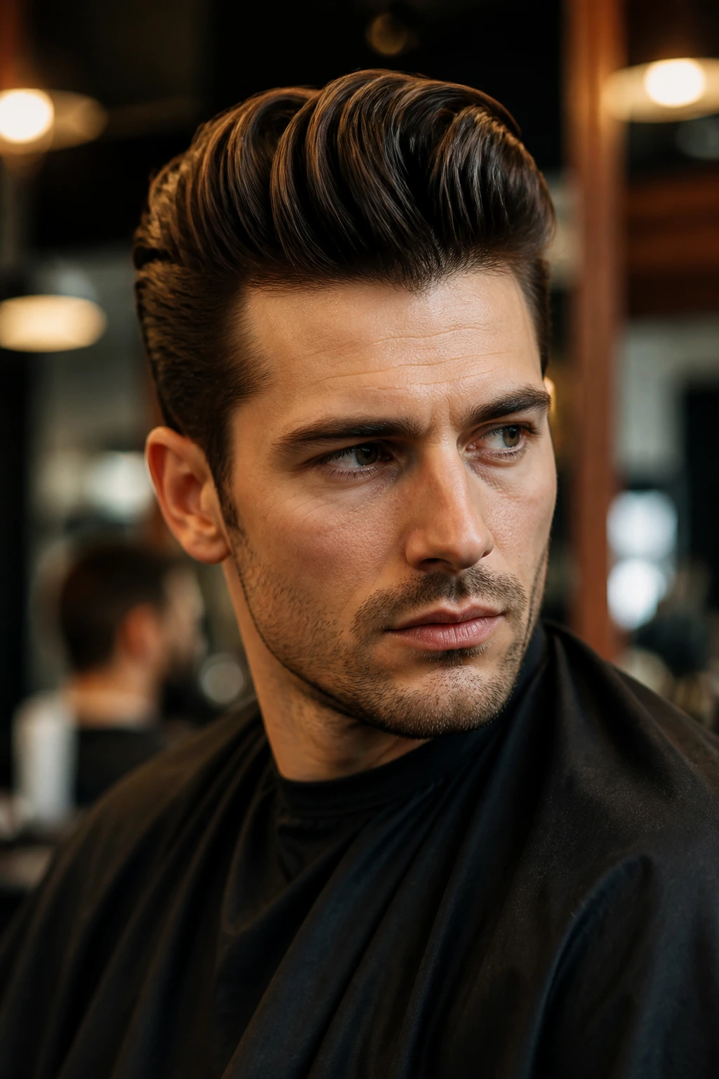 Close-up of a man with a pompadour highlighting face-framing height in a barbershop setting