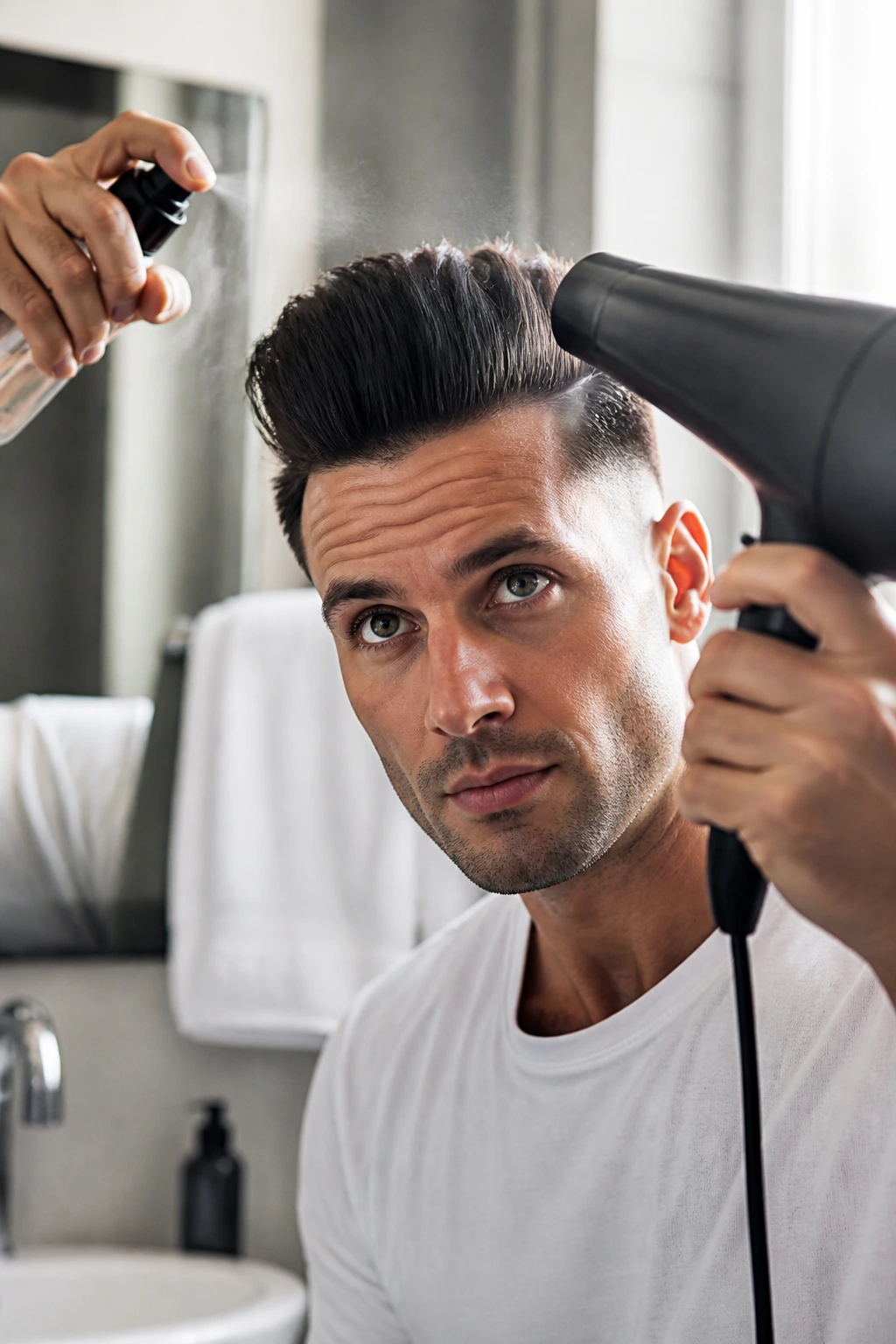 Close-up of a man with refreshed pompadour in a bathroom setting