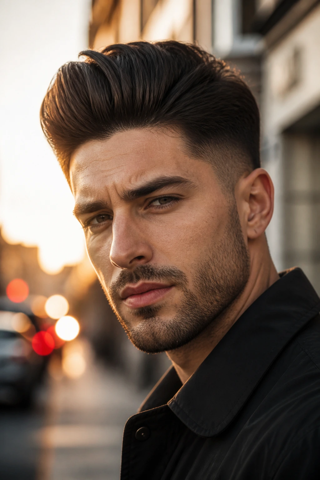 Close-up of man with pompadour matte finish under golden hour light