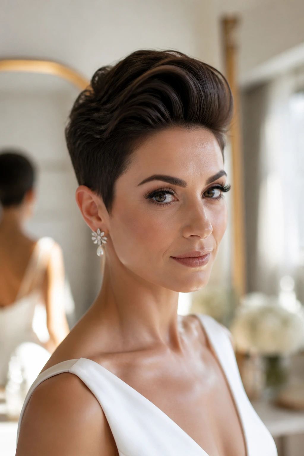 Close-up of a real bride with a sculpted front-pompadour pixie hairstyle