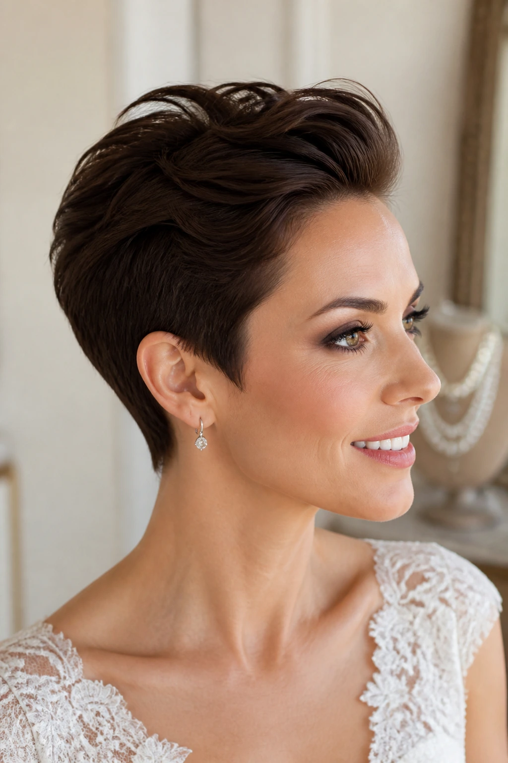 Bride with mini pompadour pixie and crown lift
