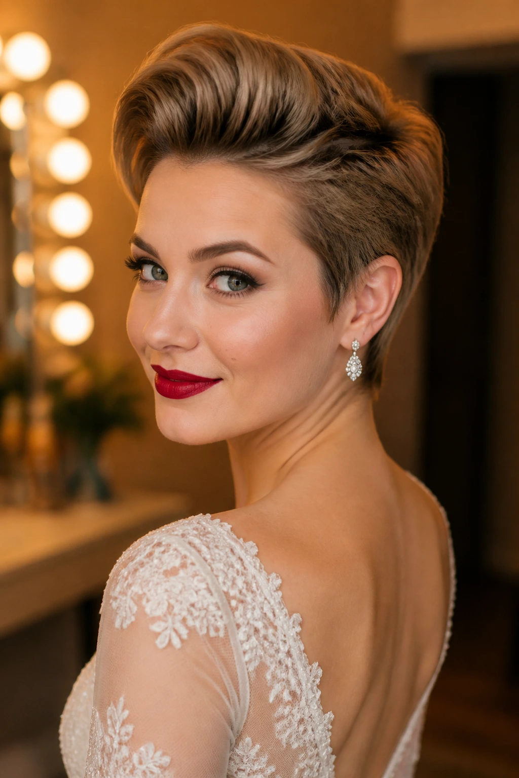 Bride wearing an old-Hollywood pompadour pixie in a vintage glam setting