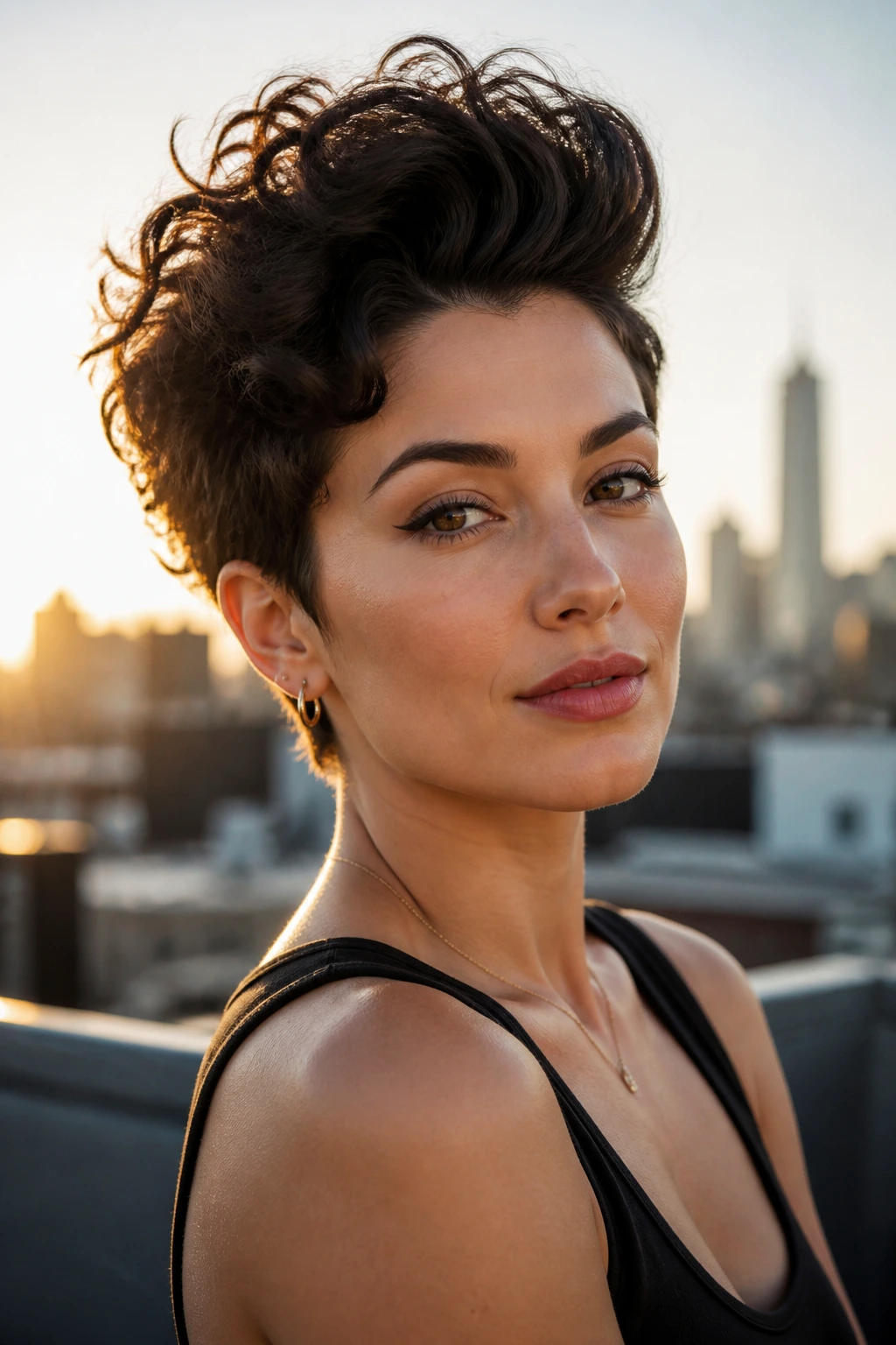 Close-up portrait of a real woman with pompadour pixie