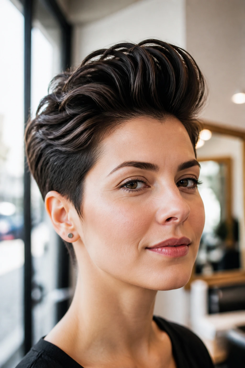 Close-up portrait of a real person with a high front pompadour in a salon.