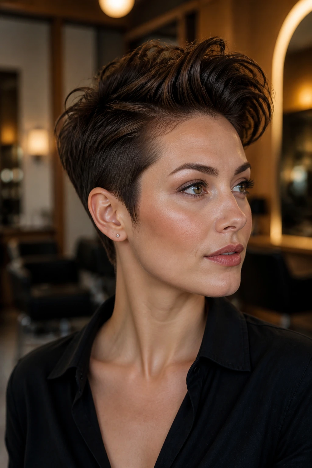 Close-up of a real woman with Pompadour Pixie hairstyle and lifted forelock in warm salon light.