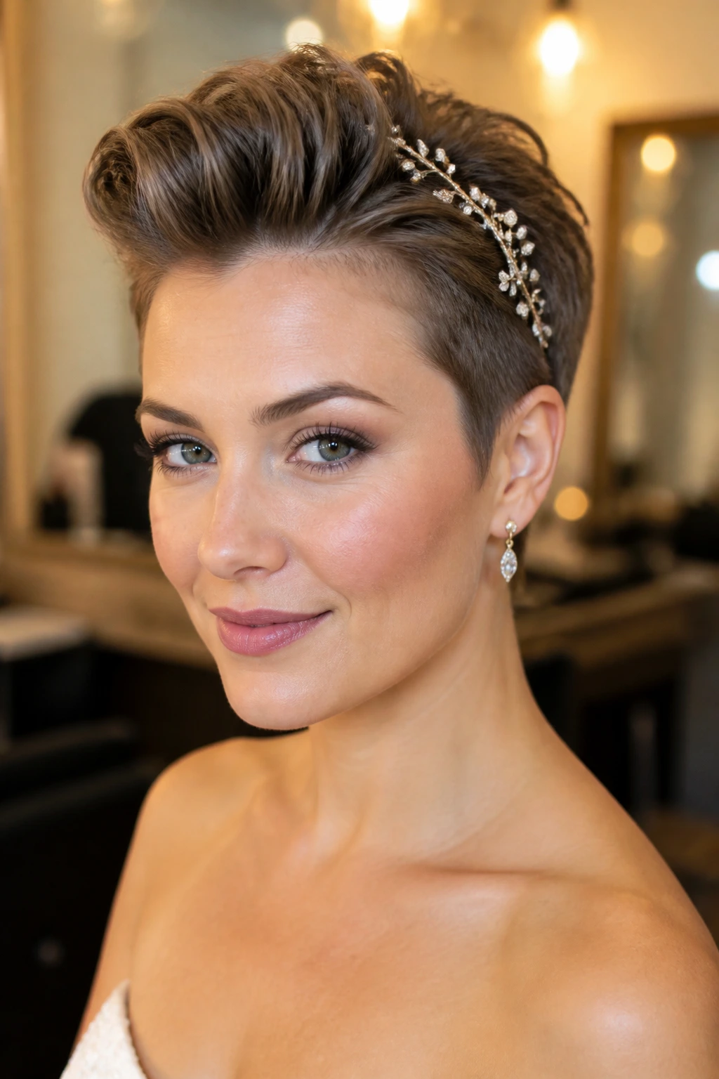 Portrait of a real woman wearing a sculpted pompadour pixie with a hair vine