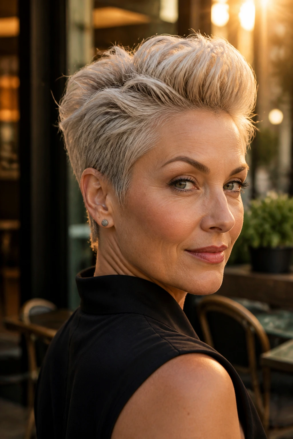 Close-up of a real woman with a pompadour pixie featuring a lifted front and dramatic line.