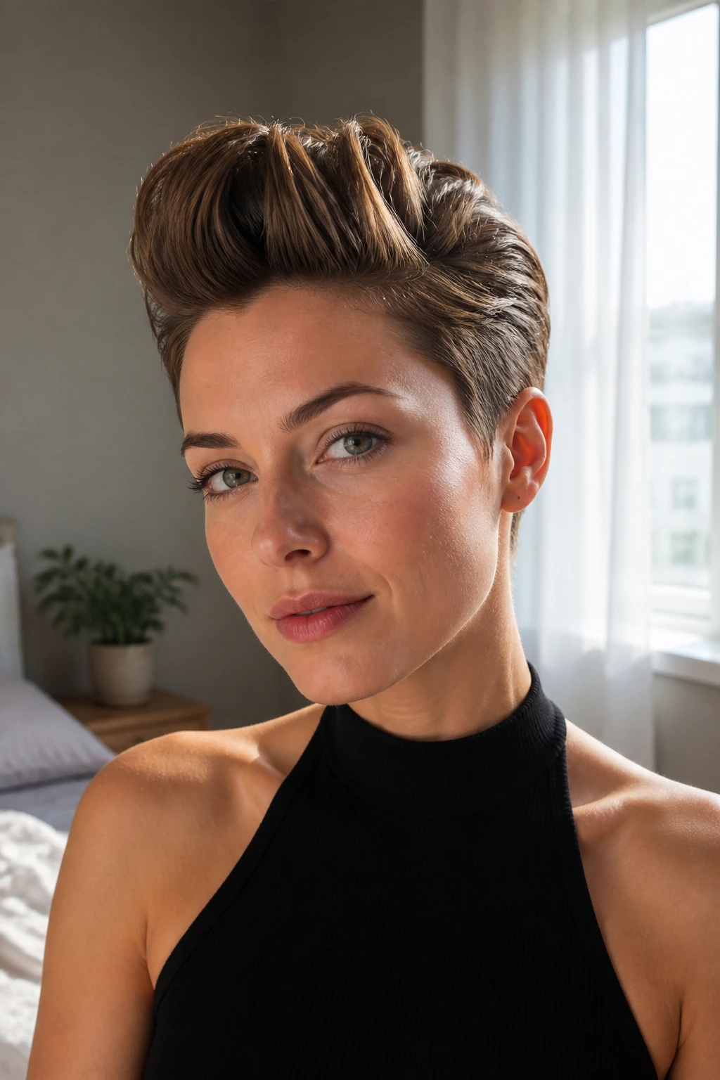 Close-up of a woman with a sculpted pompadour pixie in natural light