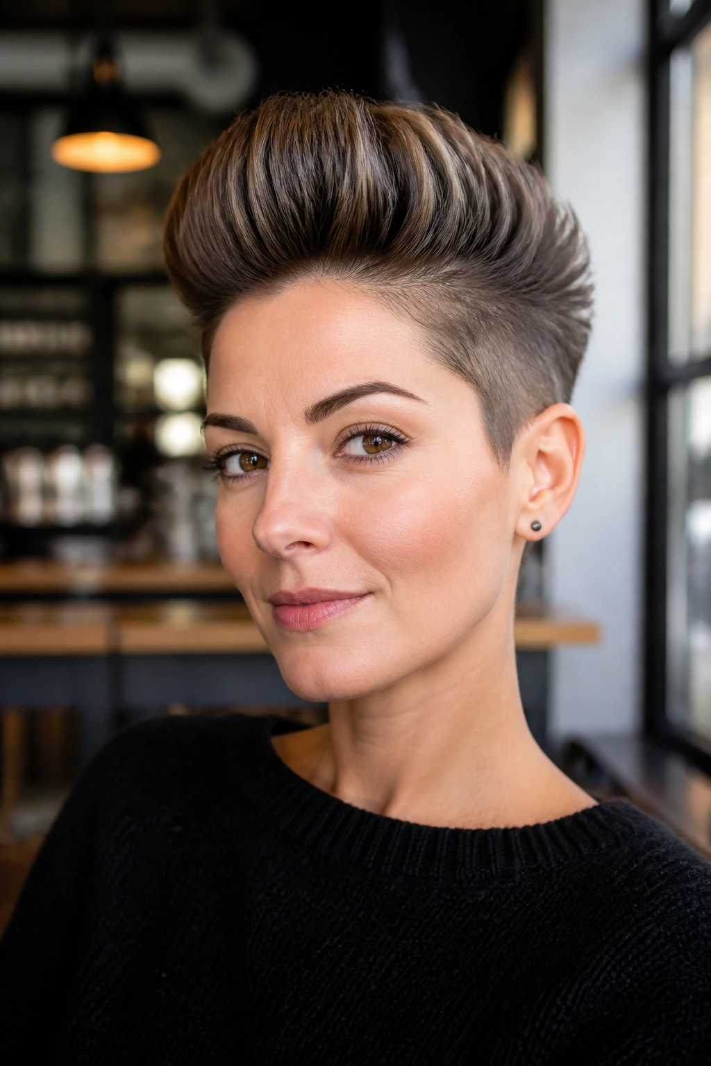 Portrait of a woman with a pompadour pixie in a modern cafe.