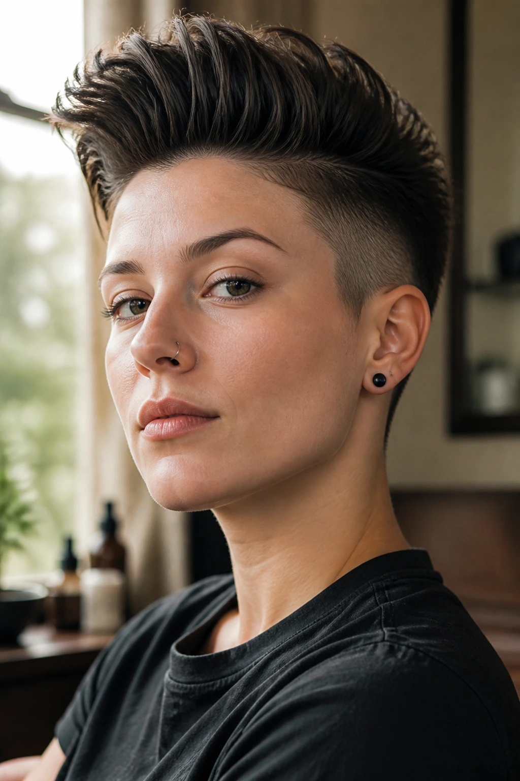 Close-up portrait of a real person with a Pompadour Pixie With Close Sides showing a high front pompadour and shaved sides in warm window light.