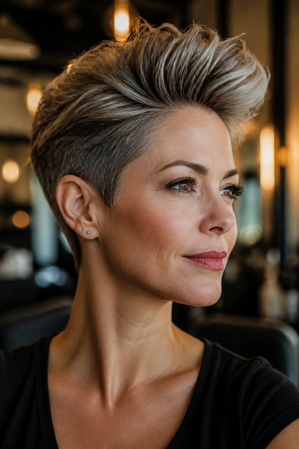 Close-up portrait of a real woman with a Pompadour Pixie hairstyle featuring lifted crown and sleek sides