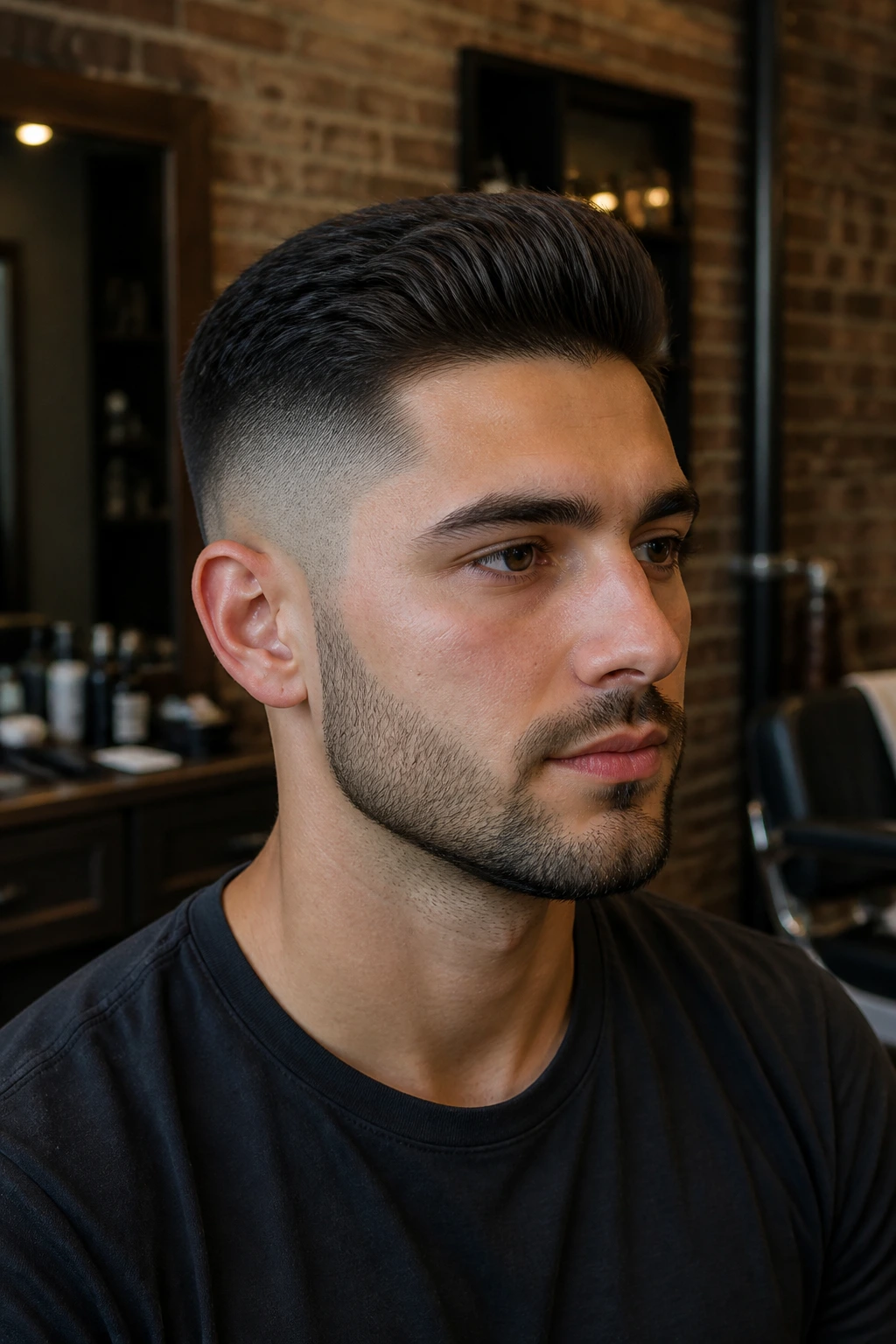 Portrait of man with short pompadour and subtle shadow fade in a barbershop