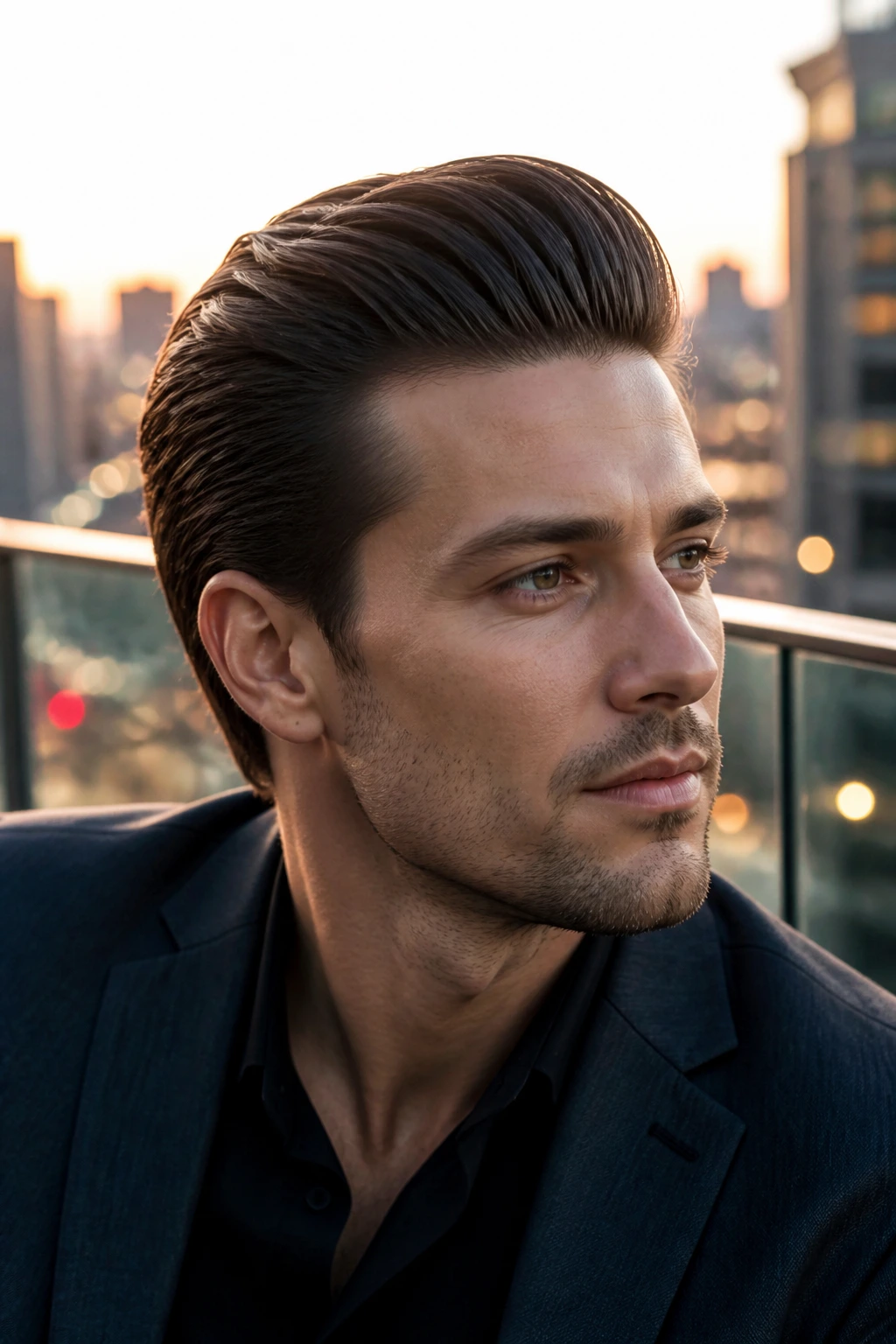 Portrait of a man with a slick-back pompadour under warm outdoor light