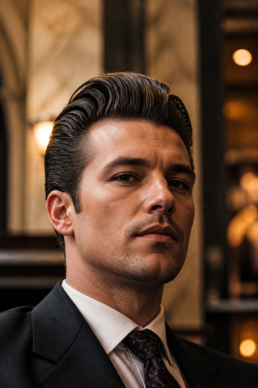 Close-up of a man with a pompadour-slick hybrid hairstyle.